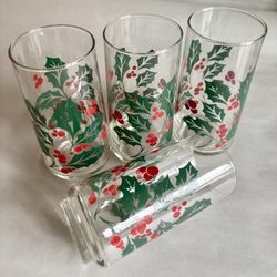 Set Of 4 Vintage 16-oz Crisa Indiana Glass Holly And Berries Christmas Tumblers 