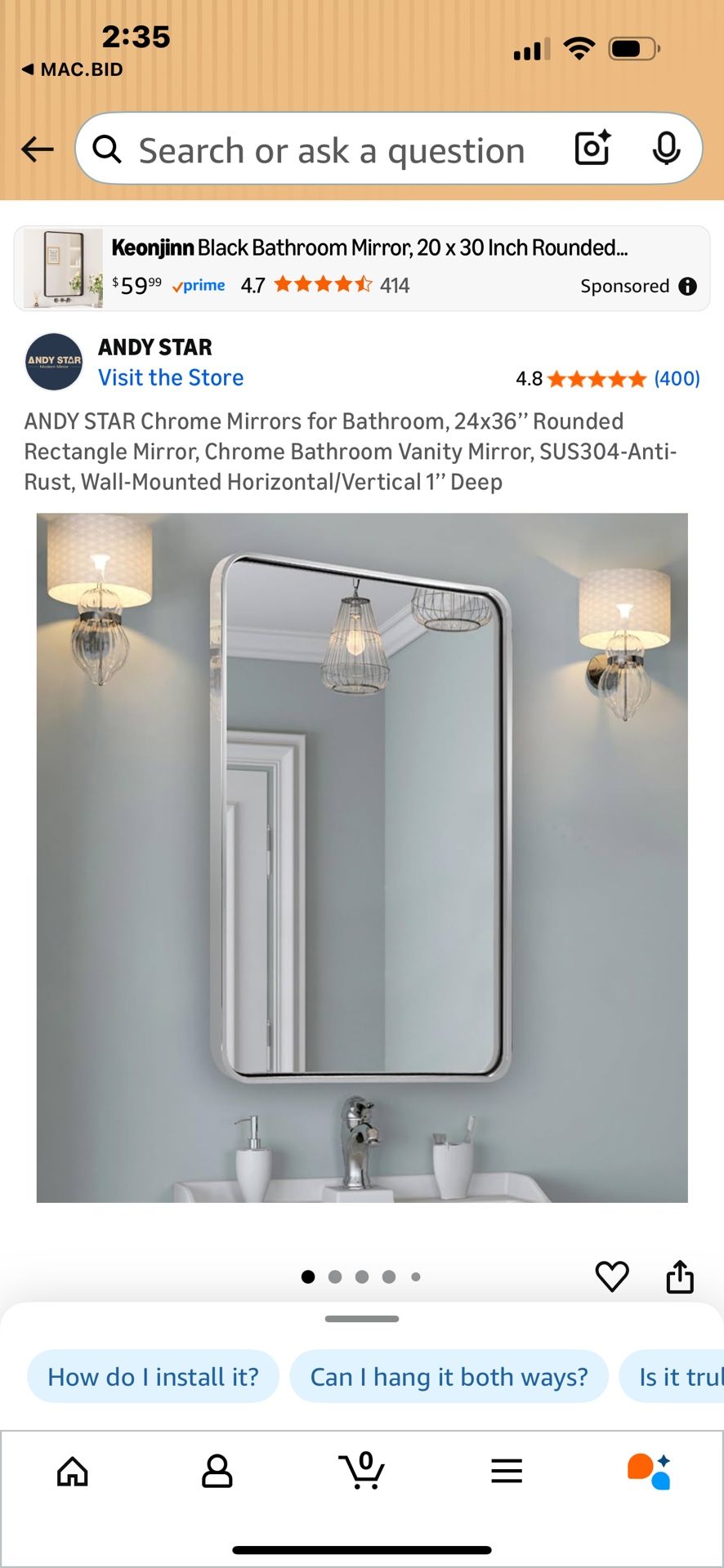 New Andy Star 24 X 36 Polished Chrome Modern Mirror