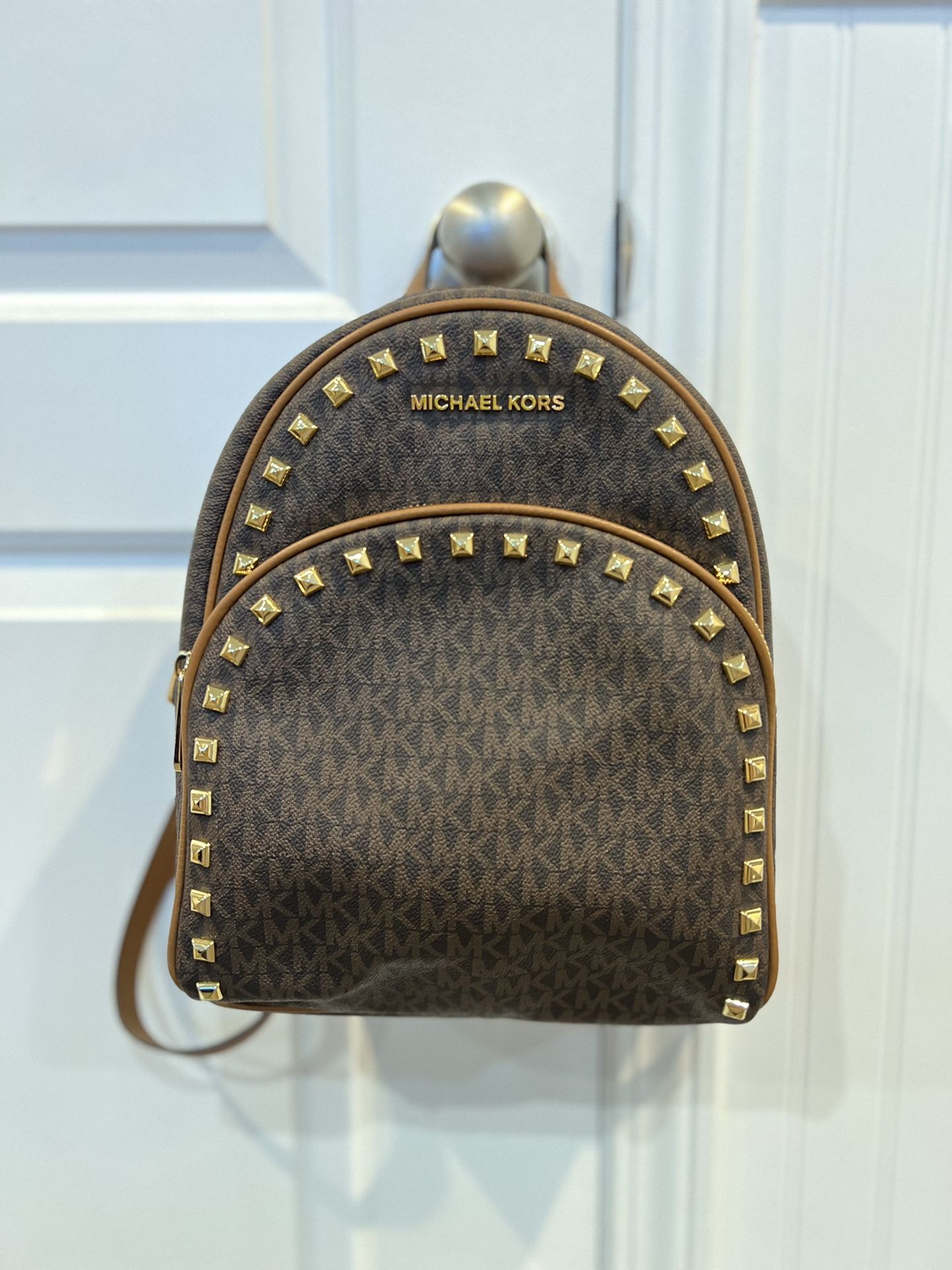Michael Kors Brown/Tan Monogram, Gold Studded Backpack - Small - LIKE NEW