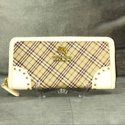 EUC BURBERRY BLUE LABEL NOVA CHECK & WHITE LEATHER GOLD STUDS ZIPPY LONG WALLET