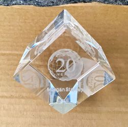Vtg 20th Anniversary Morgan Stanley Clear Fine Crystal Optic Paper Weight