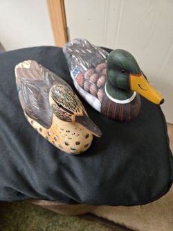 Vintage James Haddon Hand-Carved Wooden Duck Decoys - Matching Pair