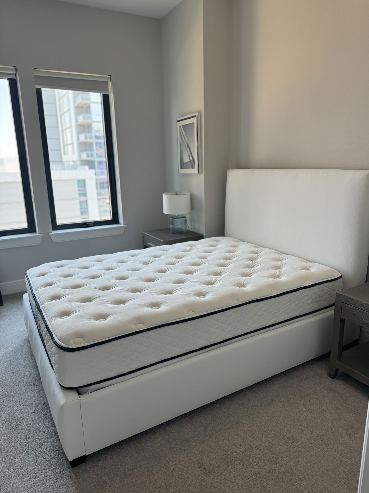 Pottery Barn Raleigh Square Upholstered Bed & Mattress, Queen, Twill
