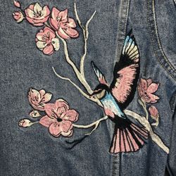 Women's Custom Embroidered Patch Denim Jacket 6/S Vintage Style Cherry Blossoms Punk 