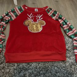 Disney Sweatshirt Soft Fleece Christmas Mickey Reindeer Sequin