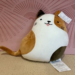 New Daiso Medium size Hug Pillow Calico Cat - Brown & White (cat smiling w/tongue out) Plushy/Stuffed Animal 13x11x6 