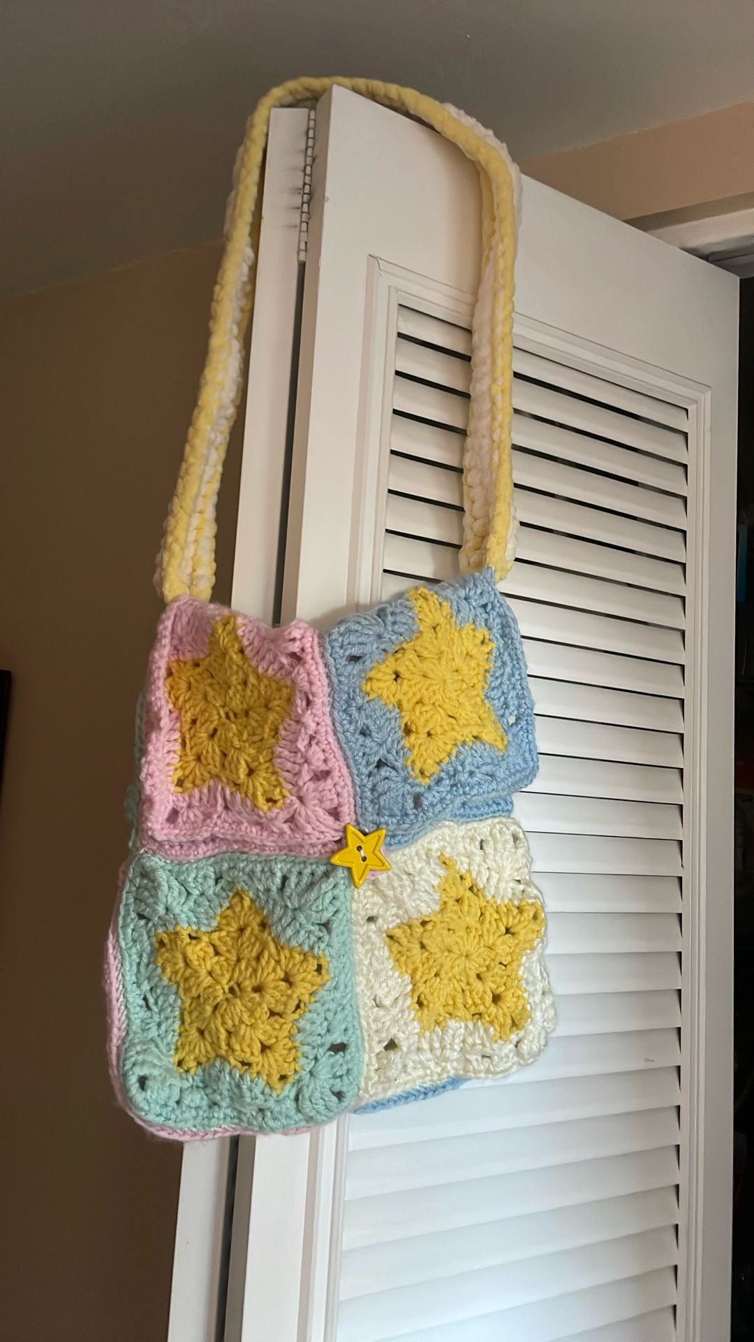 Granny Square Hand Crochet Purse. 50s Baby Yellow Pink Blue Green.