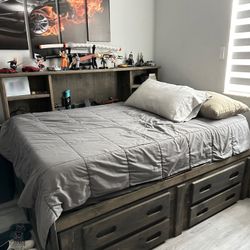  Storage Bed Frame w/ Drawers + Shelves – Rustic, Solid Wood, Dark Stain Finish