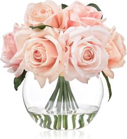 Artificial Flowers with Vase, Silk Rose Artificial Flowers Table Centerpieces with Faux Water for Home Decoration Fake Roses Flower Arrangements for T