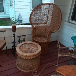 Vintage Boho Rattan Wicker Peacock Throne And Ottoman 