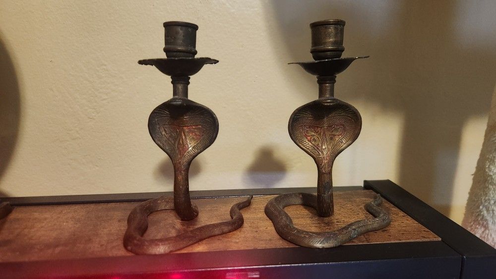 Vintage Mini Etched Brass Cobra Snake Candle Stick Holder Aged Patina PAIR
