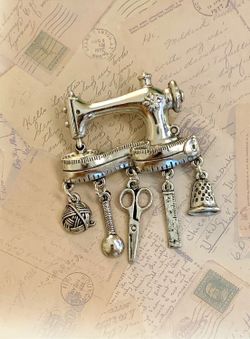 Sewing Machine Brooch with Scissors, Thimble & Sewing Charms
