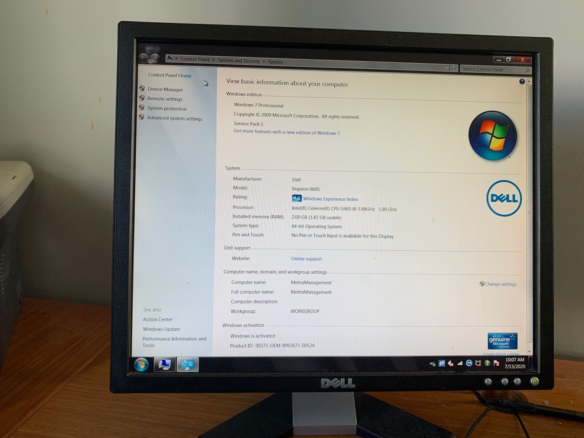 Windows7 Dell Computer (CPU, Monitor, Key Board, Mouse)