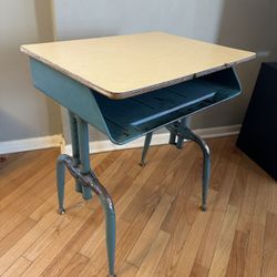 Vintage 1950s Adjustable Height Turquoise Steel & Wood High School Desk
