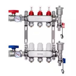 3-Branch Radiant Heat Manifold, 1/2 in. PEX Tubing Manifold, Stainless Steel PEX Manifold, Radiant Heat PEX Manifold Kit