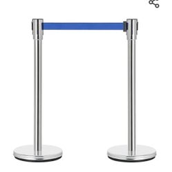 DuraSteel Crowd Control Stanchion Belt Barriers - Stainless Steel Stanchions with 6.5 Feet Blue Retractable Belts - Heavy Duty Safety Barrier Stands &