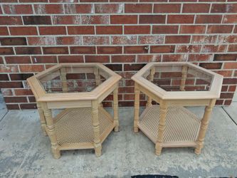 Pair of Vintage Faux Bamboo Hexagon Shape End Tables with Beveled Glass Tops and Caned Lower Shelf .