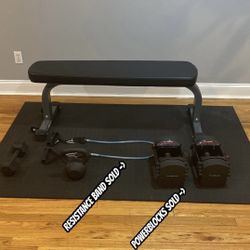 Hudson Steel Flat Bench w/ Gym Mat, 25 Lb Kettle Bell, & 20 Lb Dumbbell