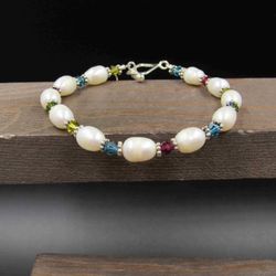 8 Inch Sterling Silver Real Pearls And Colorful Crystals Bracelet