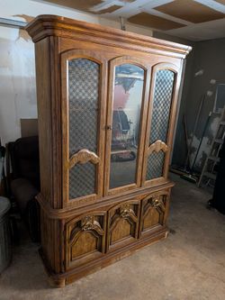Large Wood Armoire with Mirror and Cabinet