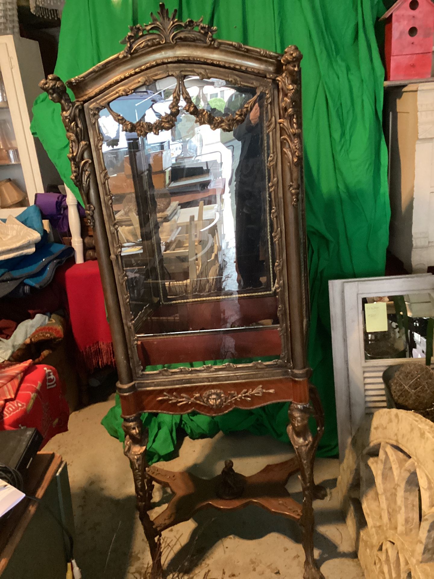 Curbio cabinet 18-19 century baroque style ornate Victorian era European craftsmanship has two glass shelves museum quality likely brass or gold leaf