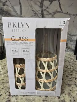 3-Piece Glass Pitcher and Tumbler Set with Woven Straw Sleeves