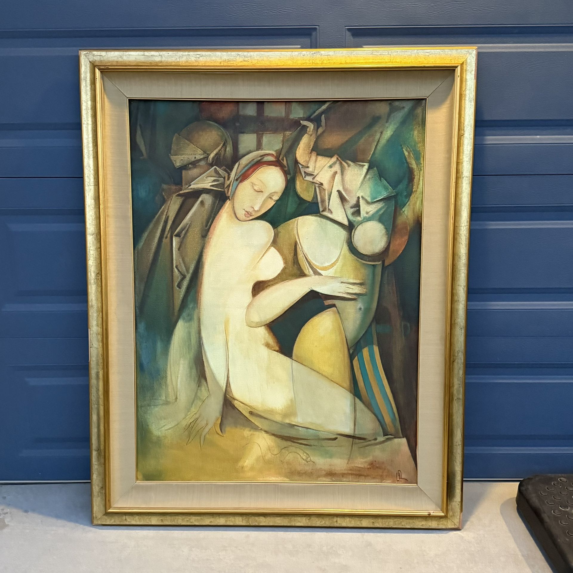Large Original Oil Painting by Alexander Djandjoudazian (1993) • Framed Abstract Nude & Knight