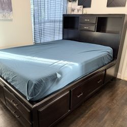 Solid Wood Storage Bed Frame Bedroom Espresso Black With Drawers Queen Sized