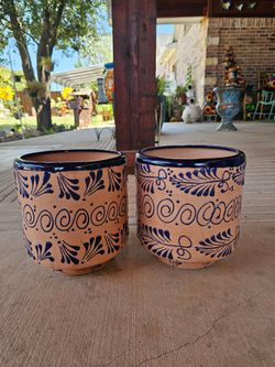 Talavera Cylinder Blue Clay Pots, Planters,Plants, Pottery $40 cada uno.