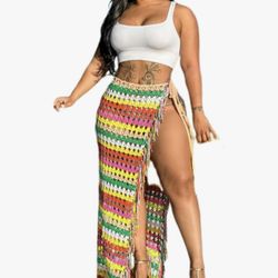ksotutm Crochet Beach Skirt Color Stripes Side Slit Skirt Sexy Beach Skirt Maxi Skirt size small but does run like a medium /large new