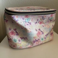 Women’s Pink Floral Print Cosmetic Travel Makeup Bag  Zip Closure, Size 10x5x 7