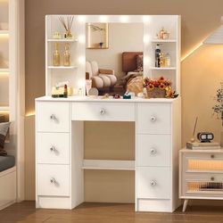 Vanity Desk with Mirror and Lights, Large Makeup Dressing Table Set with Drawers, White Lighted Dressing Table for Bedroom, Dressing Table for Teens a