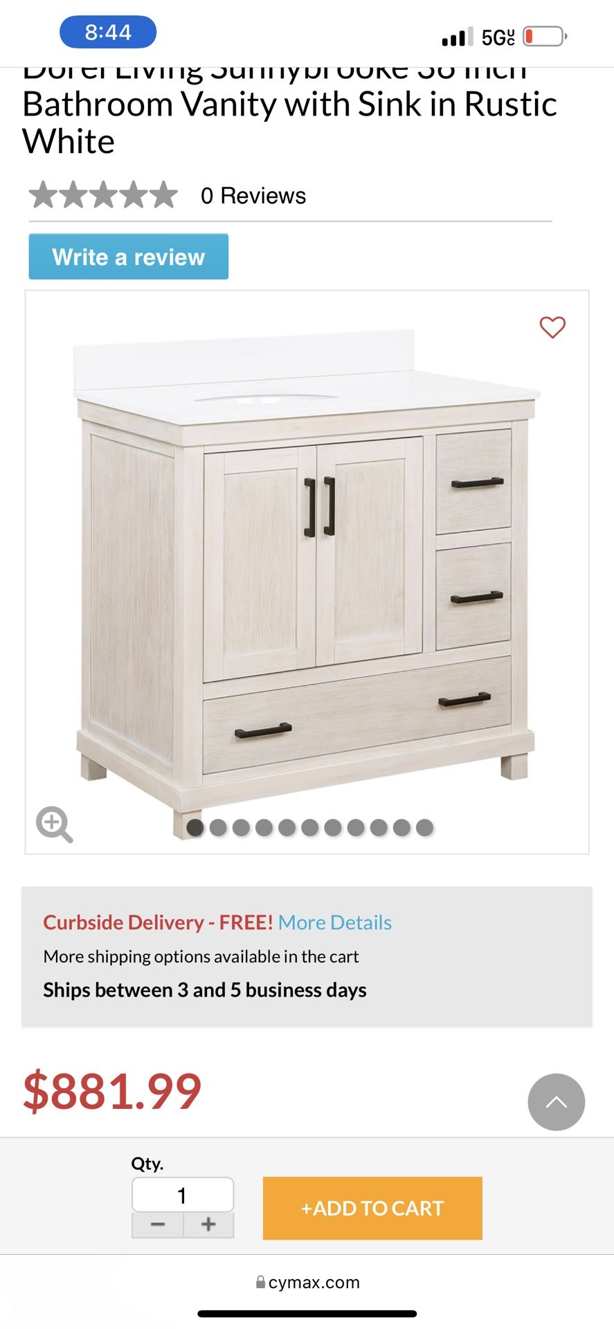 New In Box, Dorel Living Sunnybrooke 36 Inch Bathroom Vanity with Sink in Rustic White