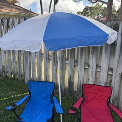 2 Folding Chairs & Umbrella
