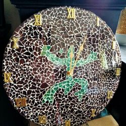 Mosaic Coqui Taino Clock , Color Brown And Green, 13" Around it 