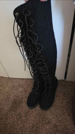 Black Suede Over-the-Knee Lace-Up Boots