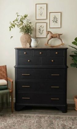 Black Solid Wood Dresser – 8 Drawers, antique brass Hardware