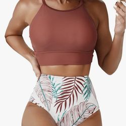 Herseas Women's Bikini Sets High Neck Tropical Leaf Print High Waisted Two Pieces Swimsuits Bathing