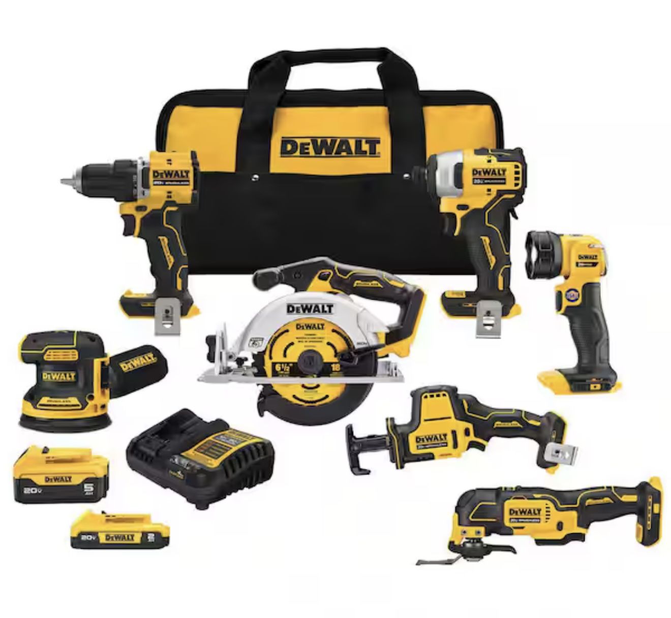 DEWALT 20-Volt MAX Lithium-Ion Cordless 7-Tool Combo Kit with 2.0 Ah Battery, 5.0 Ah Battery and Charger