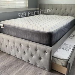 Full Twin Grey Frenchi Trundle Bed With Ortho Mattress Included!!