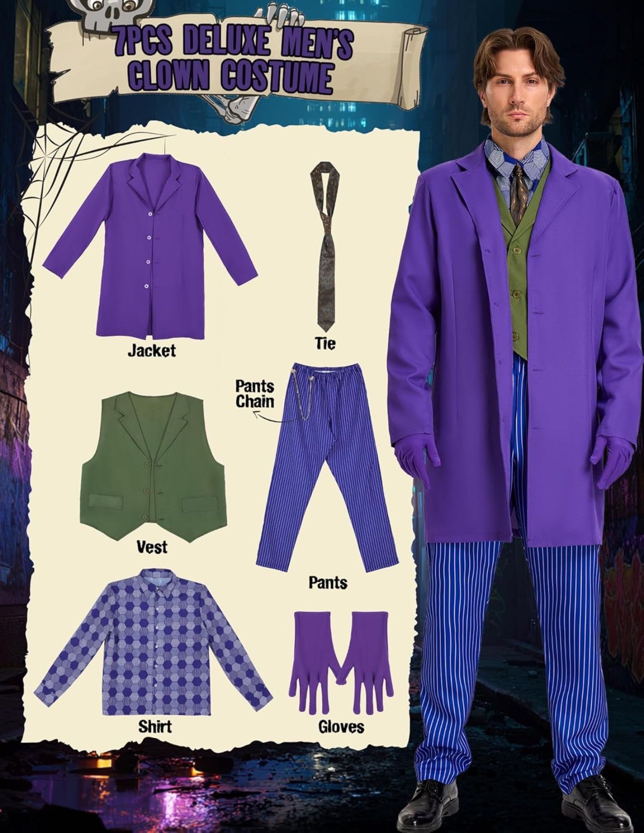 Purple Clown Costume Men Adult 7 PCS Deluxe Villain Cosplay Outfit Mens Plus Size Evil Costumes Suit Halloween Party