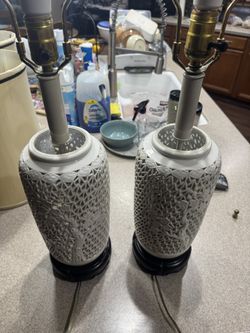 Vintage Pair of Chinoiserie White Table Lamps