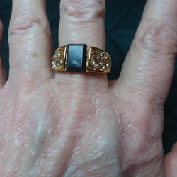 Size 11 1/4 Stunning Gold Plated Men's Ring With Black Stone And Clear Cubic Zirconia