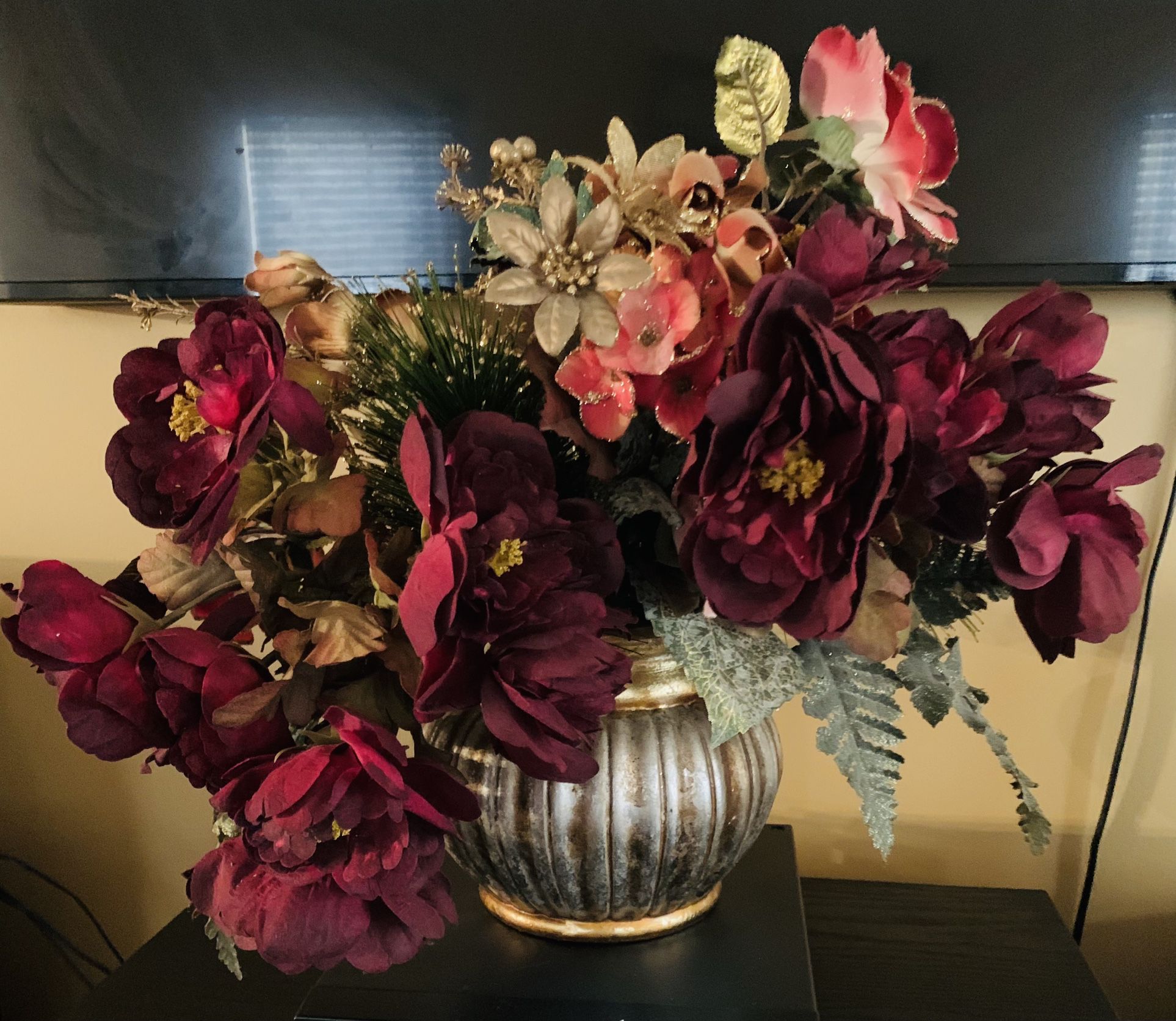 Gorgeous Fall Colors Floral Display in Gold Vase