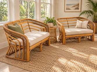Rattan Sofa + Loveseat Set — Natural Rattan Frames, Coastal Boho