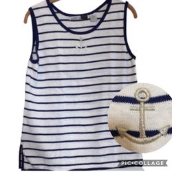 VINTAGE JAMIE S CASUALS Sweater Tank Embroidered White Navy Blue Stripes Medium