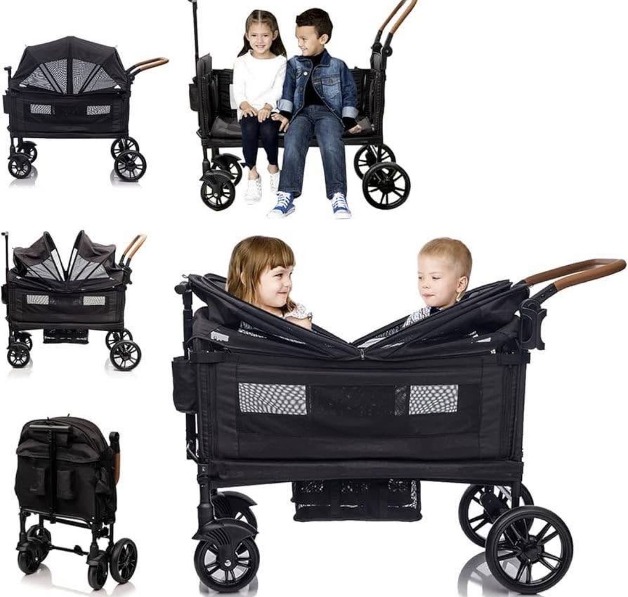 Wagon Stroller for 2 Kids & Cargo-Push-Pull Travel Double Stroller Lightweight Folding Stroller for Toddler with 5-Point Harness, Adjustable Handle Ba