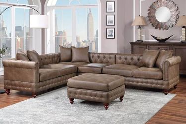 4-piece modular Sofa, Dark Coffee Leatherette Couch with Ottoman, Button-tufted backrest and rolled arms design, Luxury Sofa Set for house,  lounging