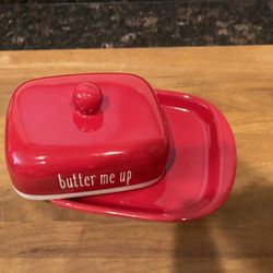 “Butter me up” covered red butter dish