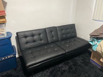 Black Faux Leather Futon Sofa Bed – USB Charging Ports + Cup Holders